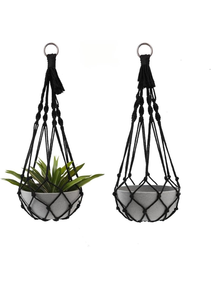 SYOSI Macrame Plant Hanger, Handmade Woven Cotton Rope Hanging Planter, Indoor/Outdoor Flower Pot Holder for Boho Home Decor, Fits Up to 12" Pot, 2 Pack, Black - Image 1