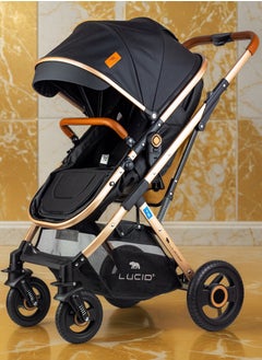 LUCID SENA+C Luxury Baby Carrycot and Carseat Stroller with Canopy and Leather Cover by Lucid Model - Black  - Image 3