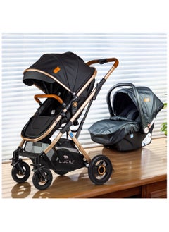 LUCID SENA+C Luxury Baby Carrycot and Carseat Stroller with Canopy and Leather Cover by Lucid Model - Black  - Image 1