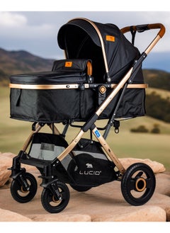 LUCID SENA+C Luxury Baby Carrycot and Carseat Stroller with Canopy and Leather Cover by Lucid Model - Black  - Image 2