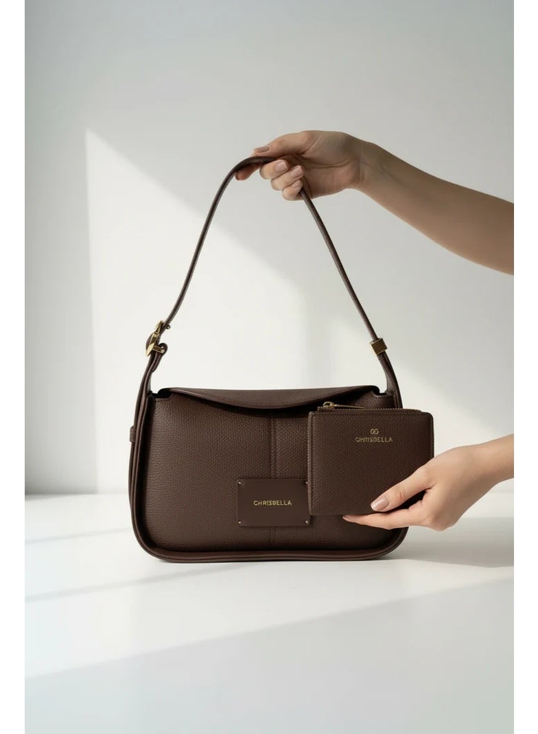 Chrisbella Brown Luxury Shoulder Bag with Adjustable Sling & Matching Wallet – Elegant Textured Hobo Bag for Women - Image 3