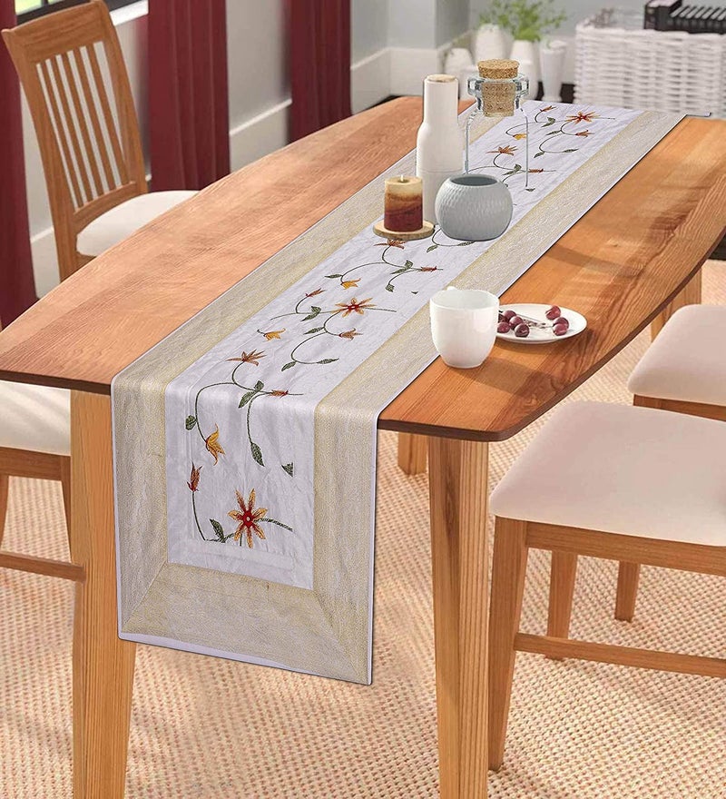 E - Ezra EEZRA Hand Embroidery Silk Table Runner Table Cloth Table Decor for Romantic Bridal Shower Baby Shower Birthday Party Cake Table 60 by 16 in White - Image 1