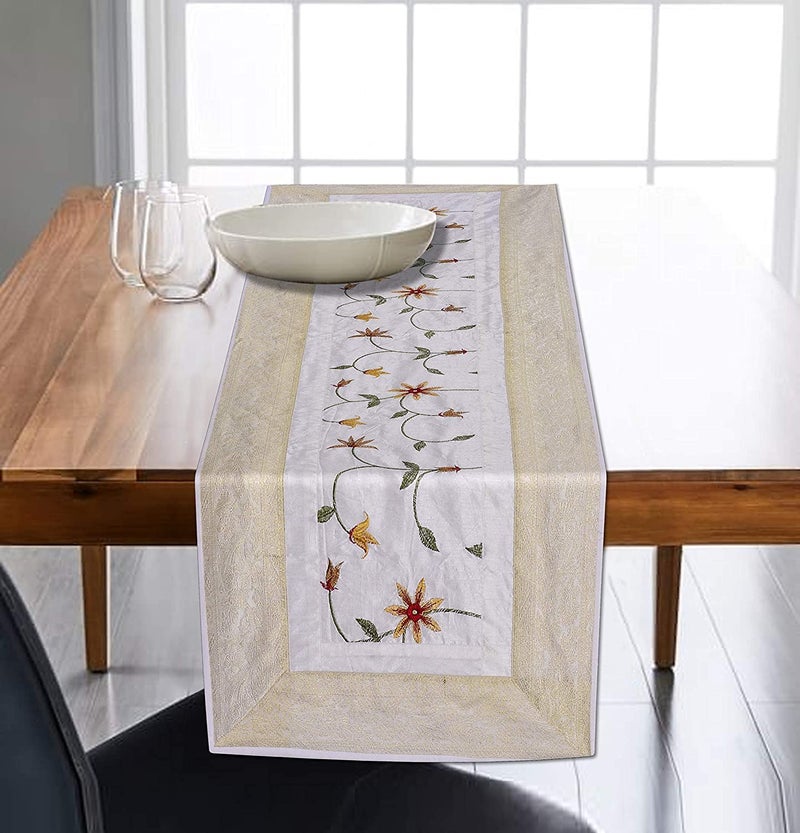 E - Ezra EEZRA Hand Embroidery Silk Table Runner Table Cloth Table Decor for Romantic Bridal Shower Baby Shower Birthday Party Cake Table 60 by 16 in White - Image 3