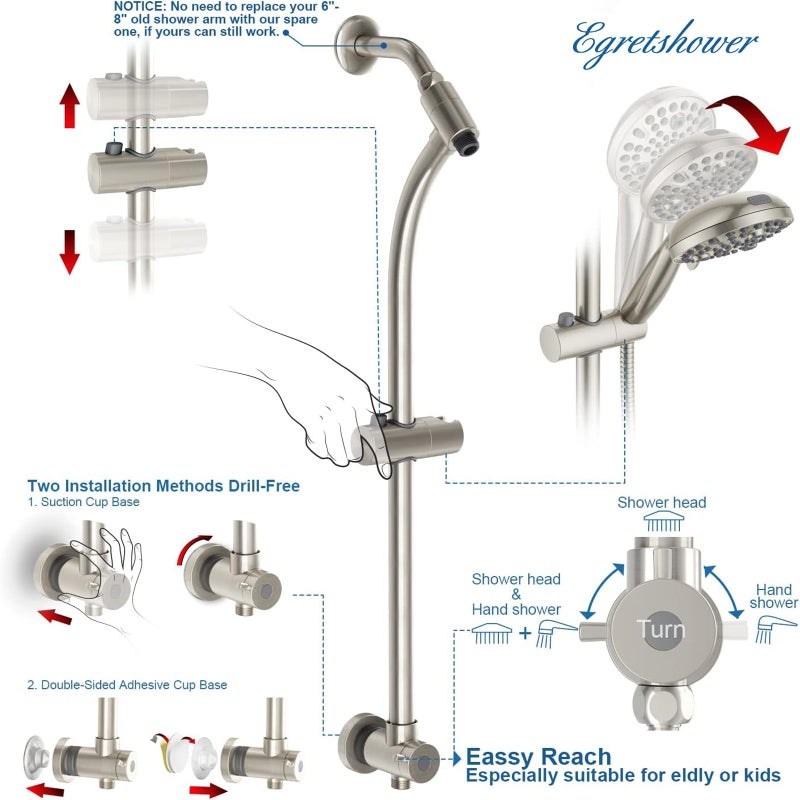 egretshower High Pressure Handheld/Rain 82-mode 3-way Shower Head Combo with 25.75" Adjustable Drill-free Stainless Steel Slide Bar, Pet & Tub Power Wash and Anti-clog Nozzles, with 5ft Hose - Brush Nickel - Image 5