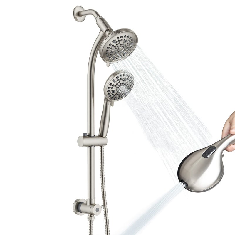 egretshower High Pressure Handheld/Rain 82-mode 3-way Shower Head Combo with 25.75" Adjustable Drill-free Stainless Steel Slide Bar, Pet & Tub Power Wash and Anti-clog Nozzles, with 5ft Hose - Brush Nickel - Image 1