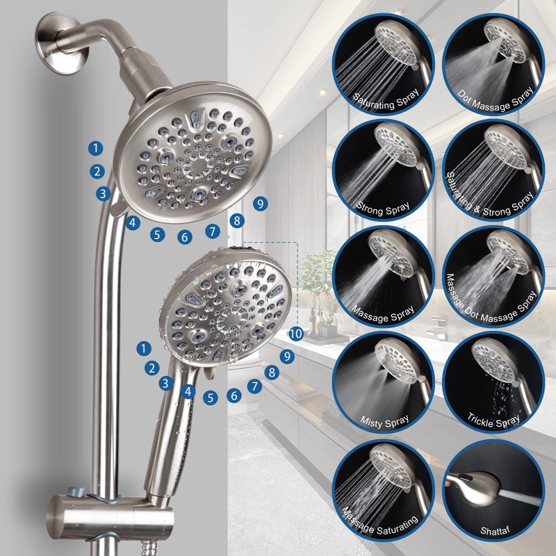 egretshower High Pressure Handheld/Rain 82-mode 3-way Shower Head Combo with 25.75" Adjustable Drill-free Stainless Steel Slide Bar, Pet & Tub Power Wash and Anti-clog Nozzles, with 5ft Hose - Brush Nickel - Image 2
