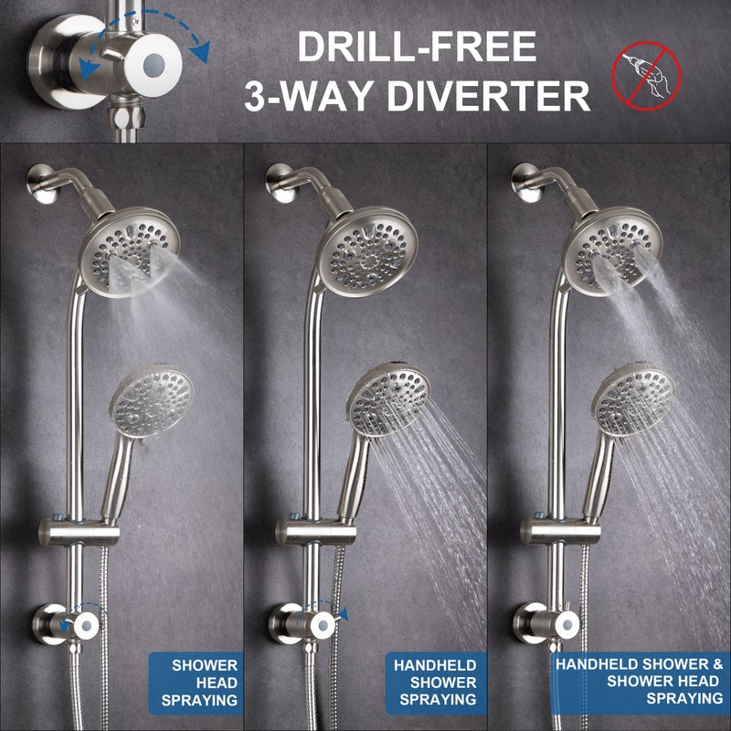 egretshower High Pressure Handheld/Rain 82-mode 3-way Shower Head Combo with 25.75" Adjustable Drill-free Stainless Steel Slide Bar, Pet & Tub Power Wash and Anti-clog Nozzles, with 5ft Hose - Brush Nickel - Image 4