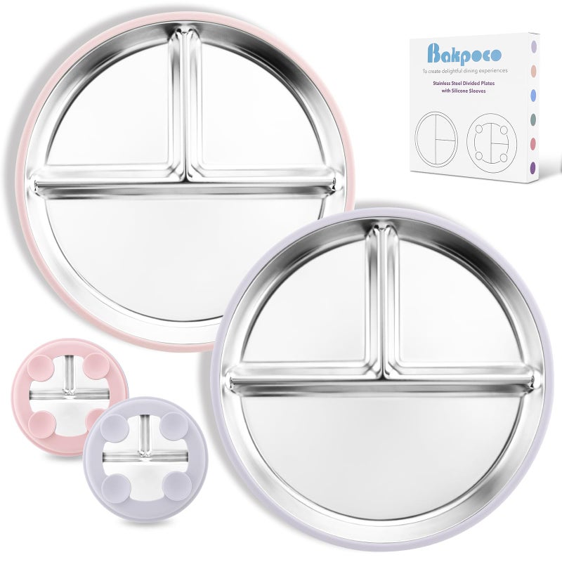 Bakpoco Stainless Steel Baby Plate with Suction, 9â€ Divided Toddler Plates with Removable Silicone Sleeves for Kids, Non-Toxic Non-Slip Unbreakable Dishwasher Safe Dinnerware Set of 2, Pink & Lilac - Image 1