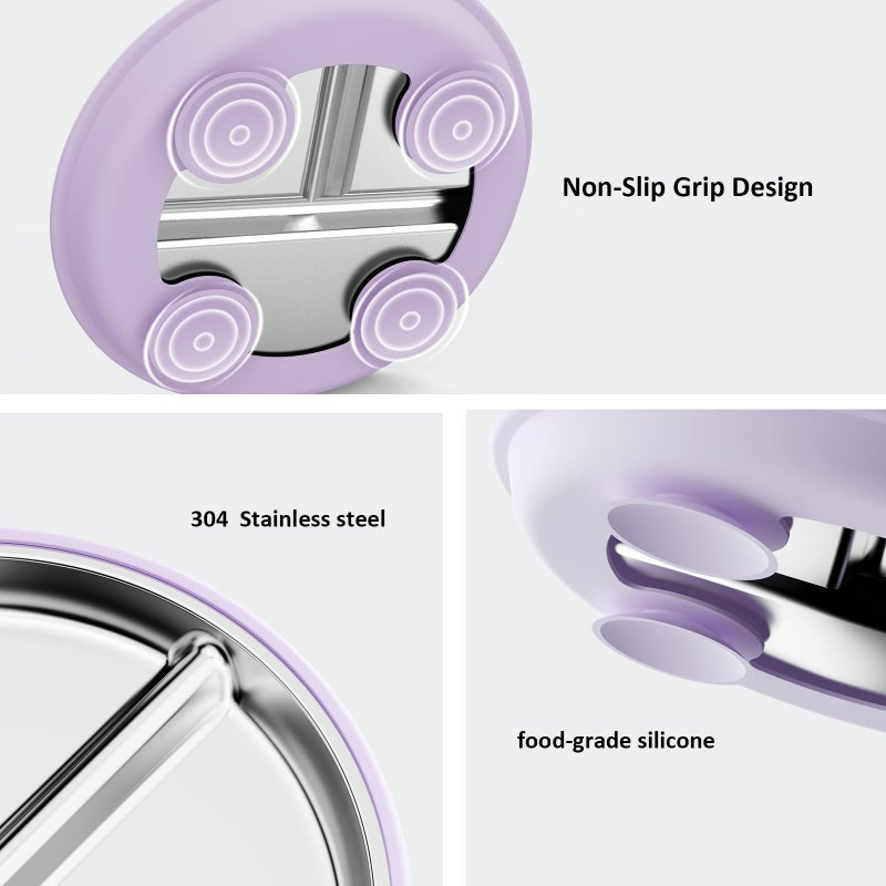 Bakpoco Stainless Steel Baby Plate with Suction, 9â€ Divided Toddler Plates with Removable Silicone Sleeves for Kids, Non-Toxic Non-Slip Unbreakable Dishwasher Safe Dinnerware Set of 2, Pink & Lilac - Image 5