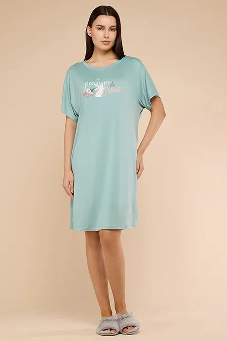 أر أند بي Printed Nightdress with Crew Neck and Short Sleeves