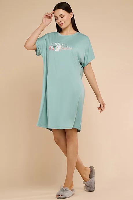 أر أند بي Printed Nightdress with Crew Neck and Short Sleeves