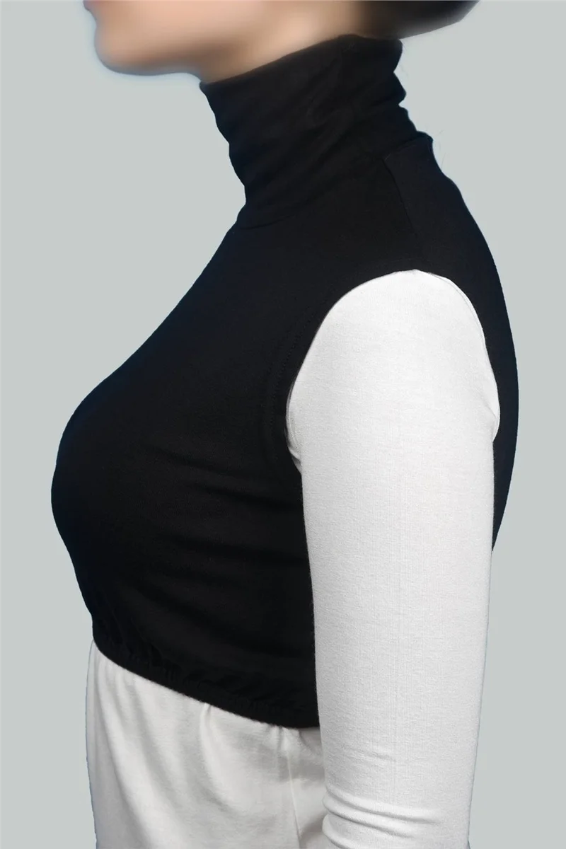 التوبة Zero Sleeve Turtleneck Full Neck Lycra Combed Cotton Women's Half Bodysuit - Black