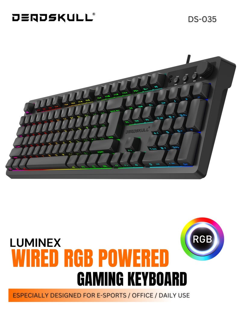 دايد سكل لوحة مفاتيح الألعاب DS035، مفاتيح بإضاءة خلفية RGB Lightsync، مقاومة للانسكاب، مفاتيح قابلة للتخصيص، مفاتيح وسائط متعددة مخصصة، لوحة مفاتيح QWERTY باللغتين الإنجليزية والعربية - أسود - Image 1