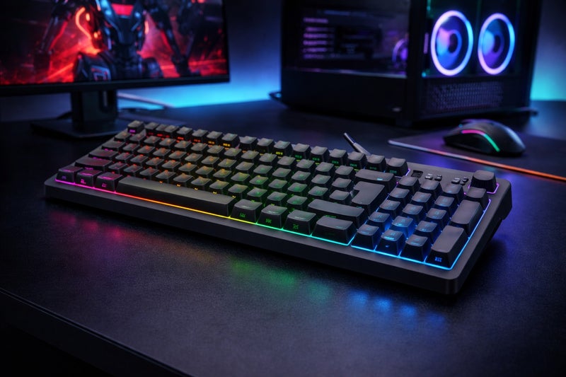 دايد سكل لوحة مفاتيح الألعاب DS035، مفاتيح بإضاءة خلفية RGB Lightsync، مقاومة للانسكاب، مفاتيح قابلة للتخصيص، مفاتيح وسائط متعددة مخصصة، لوحة مفاتيح QWERTY باللغتين الإنجليزية والعربية - أسود - Image 2