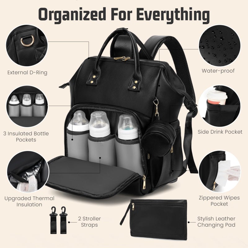ROSEGIN Premium Vegan Leather Diaper Bag Backpack with Waterproof Changing Pad â€“ Reinforced Stitching & Zippers, Baby Bag for Boy Girl, Stroller Straps, Fits 15.6" Laptop for Work Moms, Dark Brown - Image 3