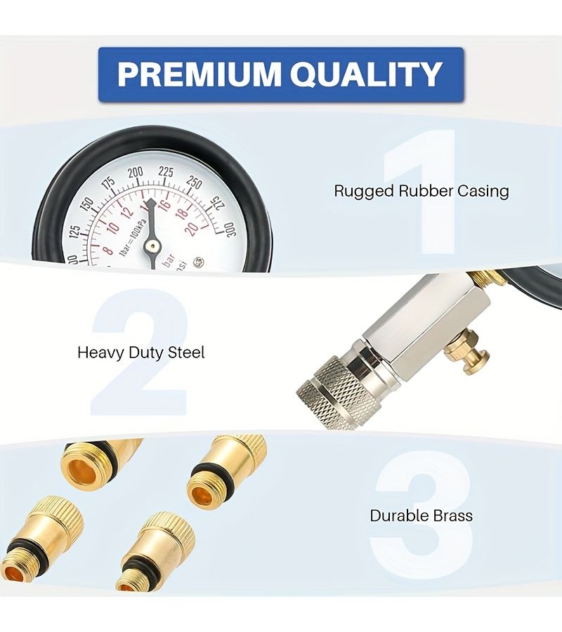 طقم اختبار الضغط 0-20 بار 0-300 رطل/بوصة مربعة لمحرك المركبة مقاسات M10 M12 M14 M18 - 9 قطع - Image 4