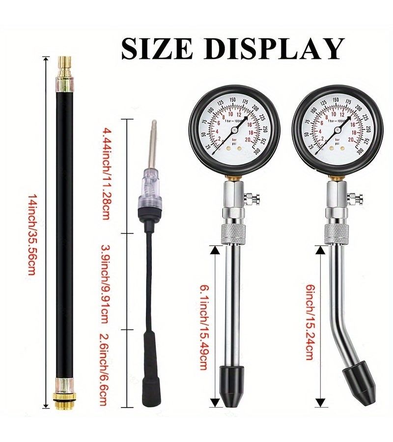 طقم اختبار الضغط 0-20 بار 0-300 رطل/بوصة مربعة لمحرك المركبة مقاسات M10 M12 M14 M18 - 9 قطع - Image 2