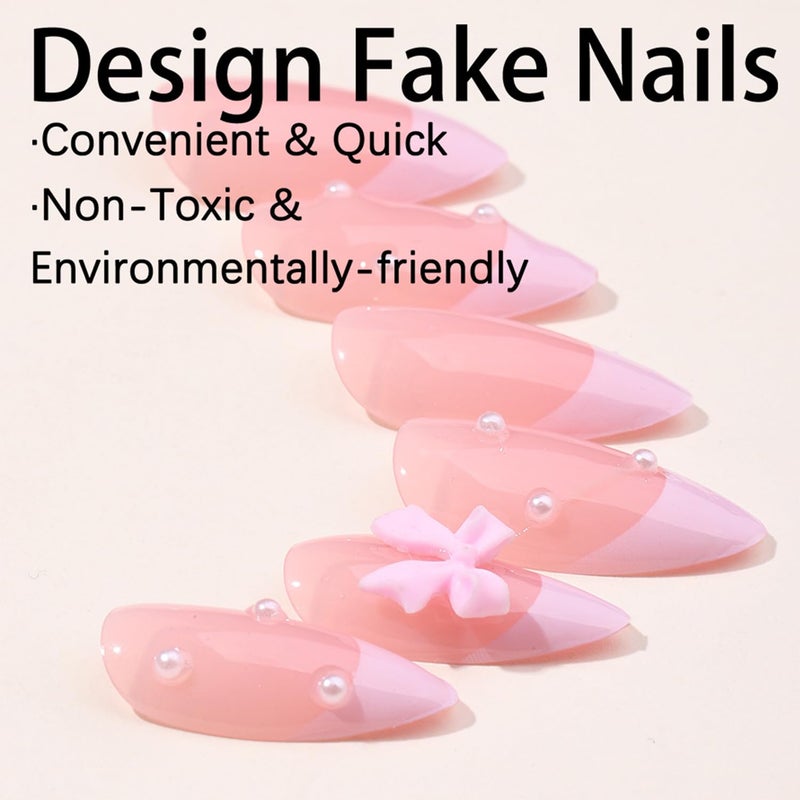 YKZFUI 24Pcs French Press on Nails Almond Fake Nails with Bow Pearl Design Pink French Tip False Nails Cute Pink Press on Nail Tips Glossy Artificial Nails Acrylic Stick on Nail for Women Manicure - Image 2