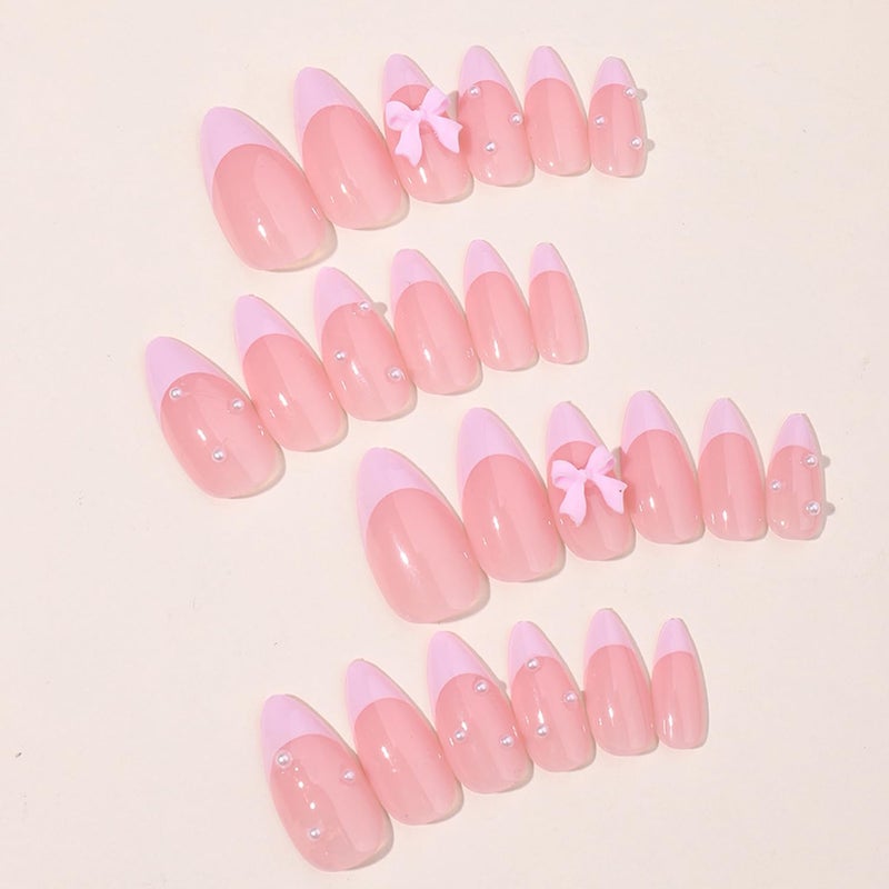 YKZFUI 24Pcs French Press on Nails Almond Fake Nails with Bow Pearl Design Pink French Tip False Nails Cute Pink Press on Nail Tips Glossy Artificial Nails Acrylic Stick on Nail for Women Manicure - Image 3