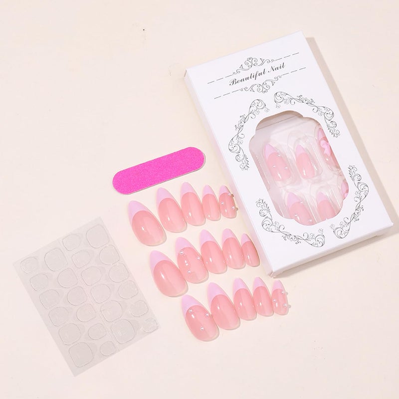 YKZFUI 24Pcs French Press on Nails Almond Fake Nails with Bow Pearl Design Pink French Tip False Nails Cute Pink Press on Nail Tips Glossy Artificial Nails Acrylic Stick on Nail for Women Manicure - Image 4