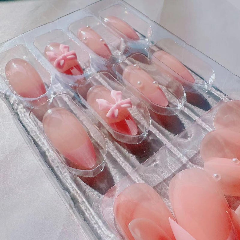 YKZFUI 24Pcs French Press on Nails Almond Fake Nails with Bow Pearl Design Pink French Tip False Nails Cute Pink Press on Nail Tips Glossy Artificial Nails Acrylic Stick on Nail for Women Manicure - Image 5