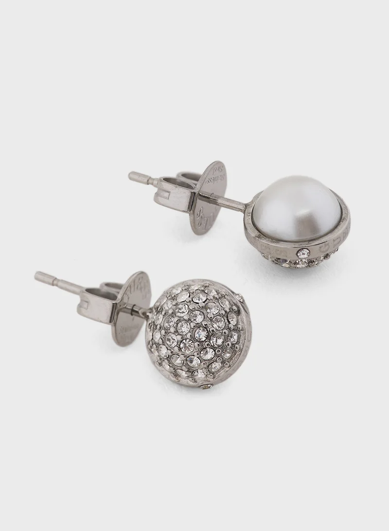 جس Crystals Studs Silver Earrings Steel
