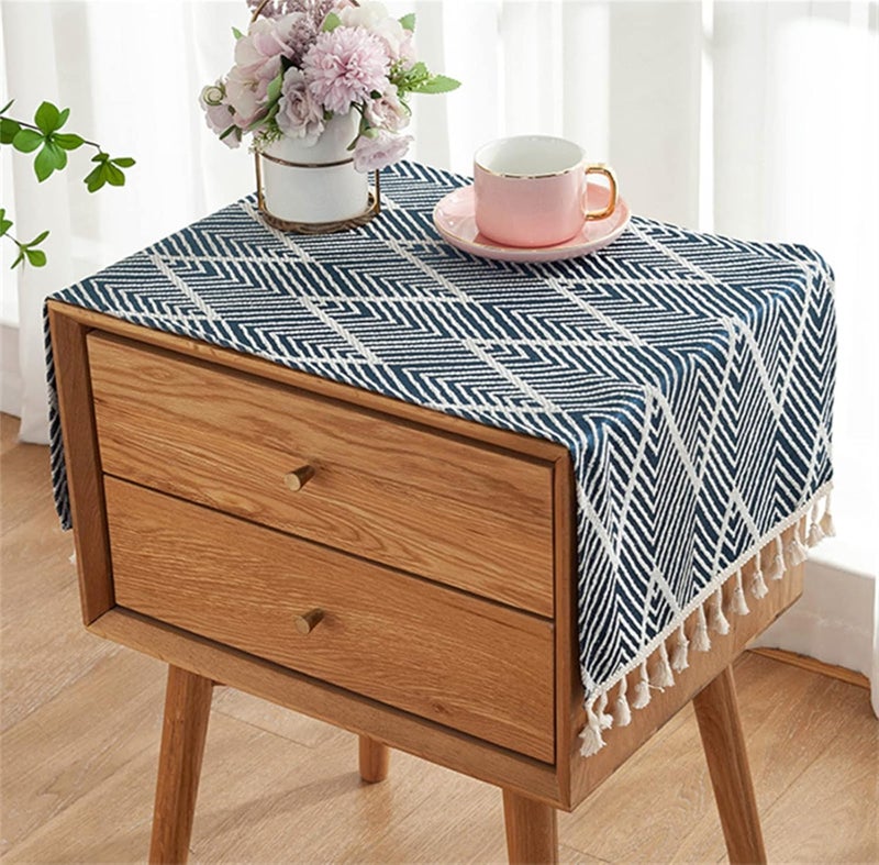Utobanh Simple Bedside Table Tassel Cover Cloth, Tablecloth Cover Towel, Suitable for Bedside Table TV Microwave Washing Machine Refrigerator Dust Cover (Blue, 15.7 * 35.4 inches) - Image 1
