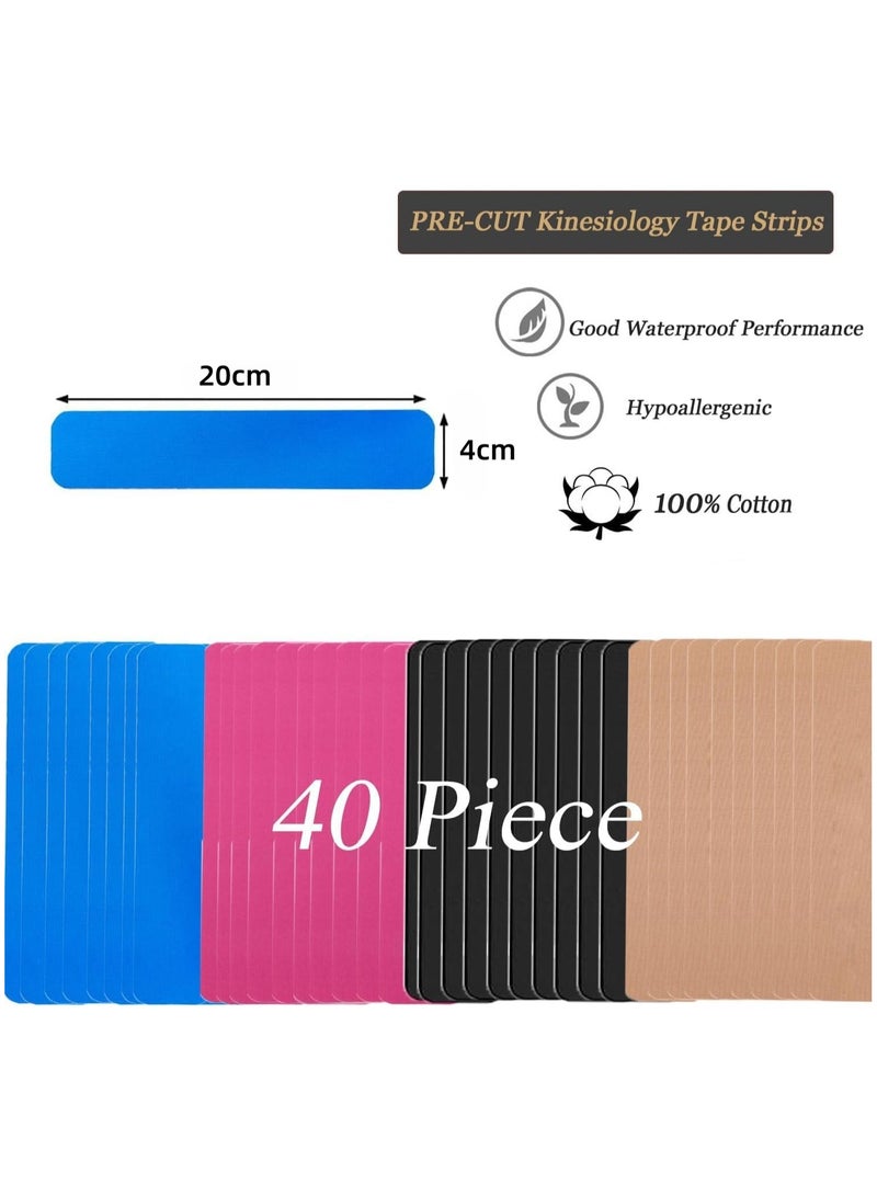 "40 قطعة كينيزيولوجي سبورتس تيب مقصوصة مسبقًا - 4 ألوان شريط رياضي قطني 20 × 4 سم لدعم العضلات والمفاصل، شريط رياضي مرن قابل للتنفس للركبة والكتف والساق - كي تي تيب  " - Image 2