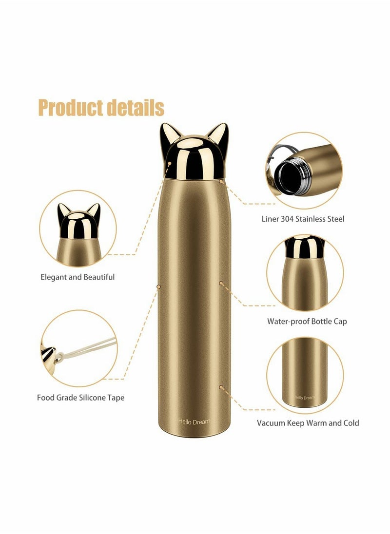 SYOSI - Cute Cat Water Bottle, Stainless Steel Insulated Water Bottles Thermos Vacuum Travel Coffee Mug for Kids Girls Women Leak-proof Cat Insulated Water Bottle, 320 ml/10.8 oz, Gold - Image 1