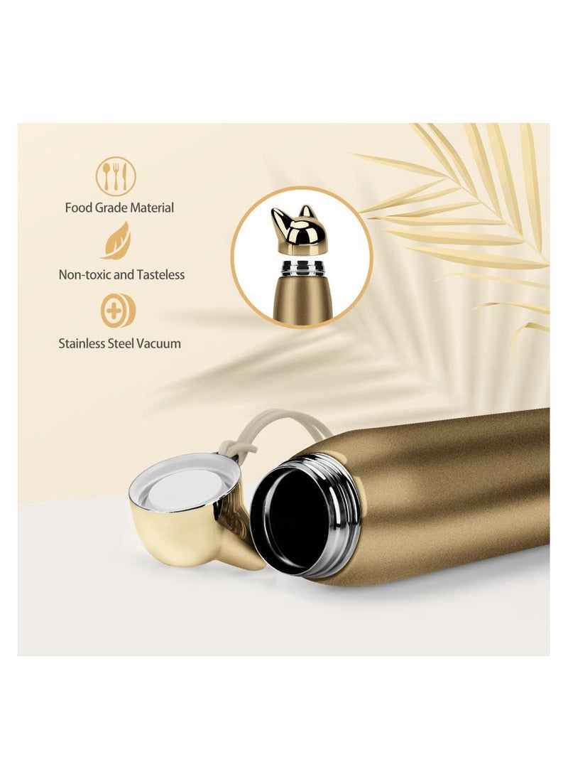 SYOSI - Cute Cat Water Bottle, Stainless Steel Insulated Water Bottles Thermos Vacuum Travel Coffee Mug for Kids Girls Women Leak-proof Cat Insulated Water Bottle, 320 ml/10.8 oz, Gold - Image 1