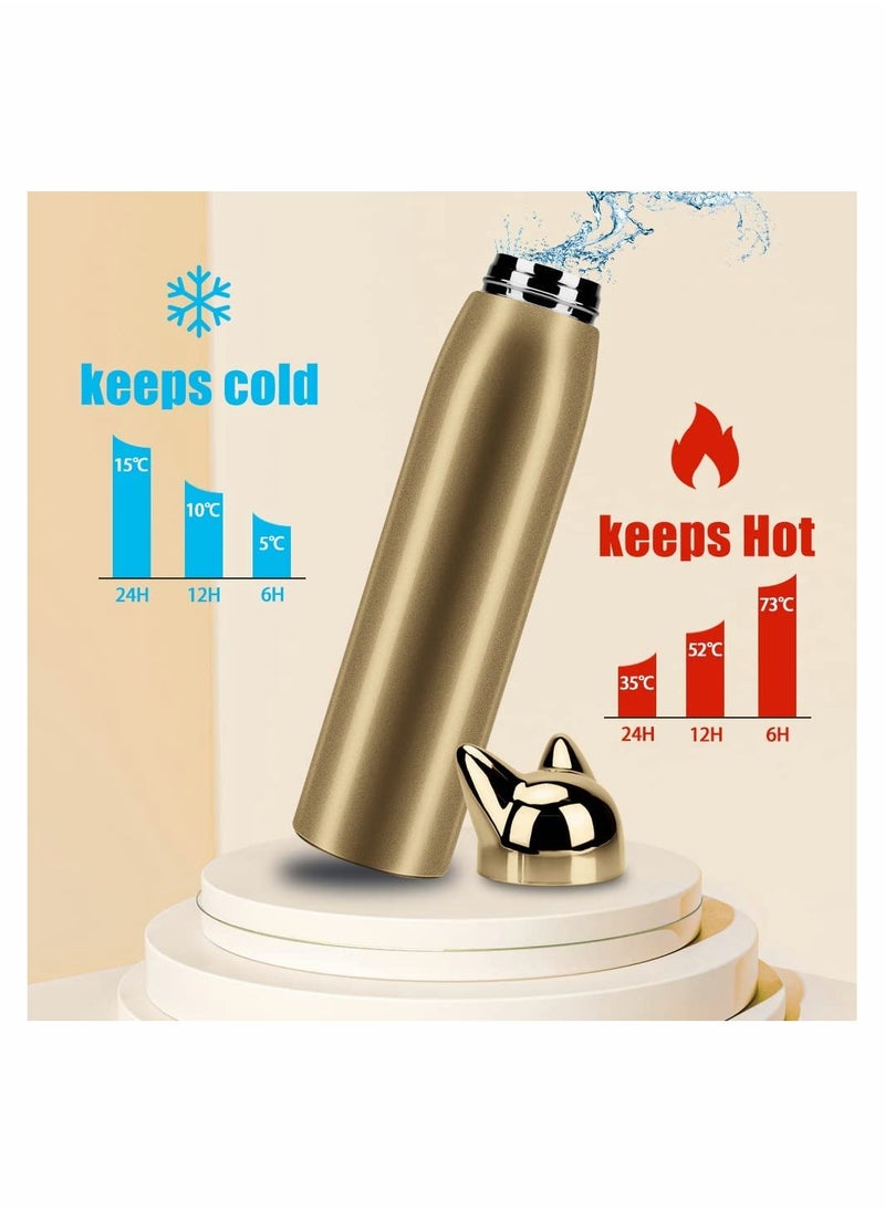 SYOSI - Cute Cat Water Bottle, Stainless Steel Insulated Water Bottles Thermos Vacuum Travel Coffee Mug for Kids Girls Women Leak-proof Cat Insulated Water Bottle, 320 ml/10.8 oz, Gold - Image 1