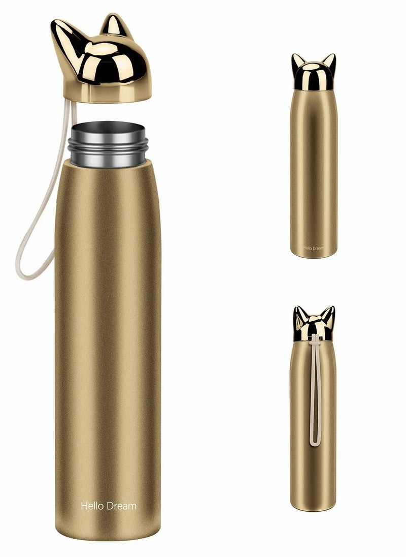 SYOSI - Cute Cat Water Bottle, Stainless Steel Insulated Water Bottles Thermos Vacuum Travel Coffee Mug for Kids Girls Women Leak-proof Cat Insulated Water Bottle, 320 ml/10.8 oz, Gold - Image 1