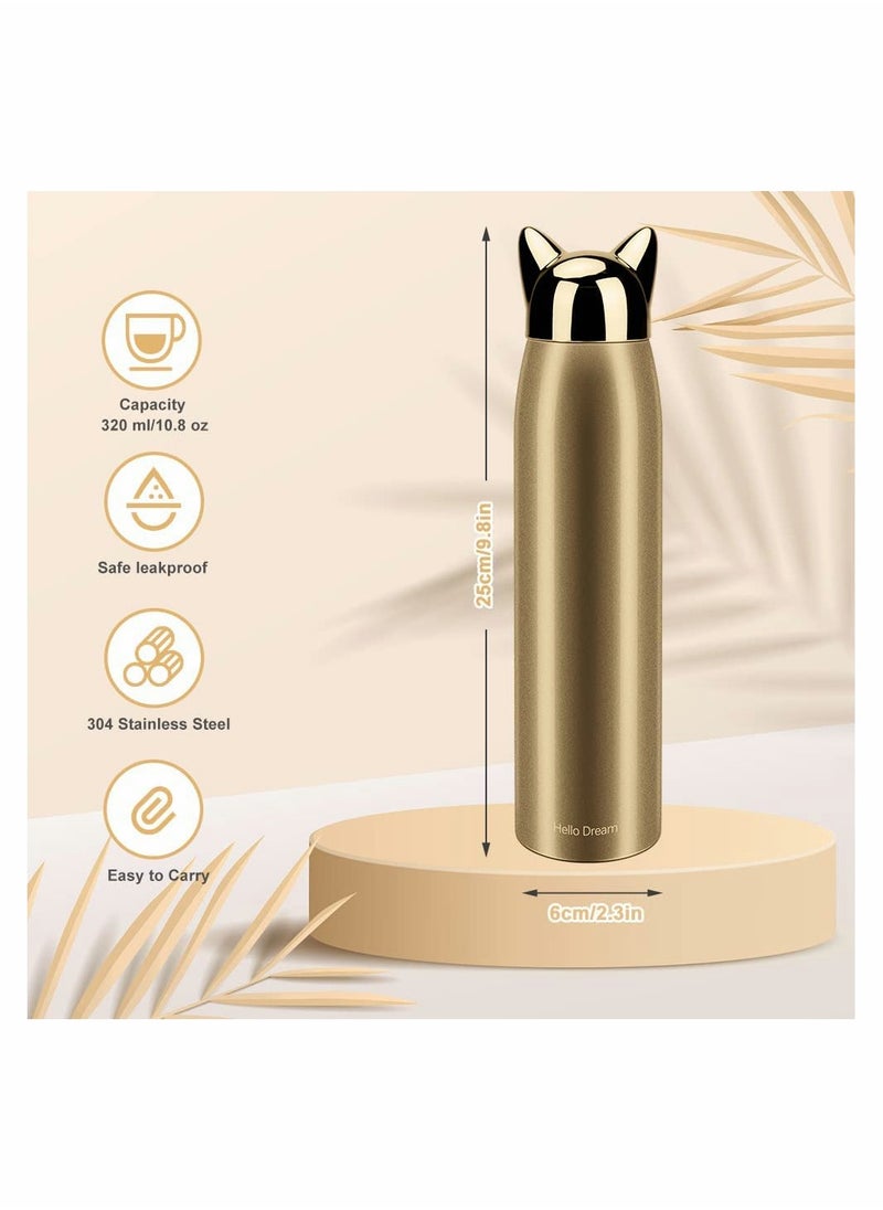 SYOSI - Cute Cat Water Bottle, Stainless Steel Insulated Water Bottles Thermos Vacuum Travel Coffee Mug for Kids Girls Women Leak-proof Cat Insulated Water Bottle, 320 ml/10.8 oz, Gold - Image 1
