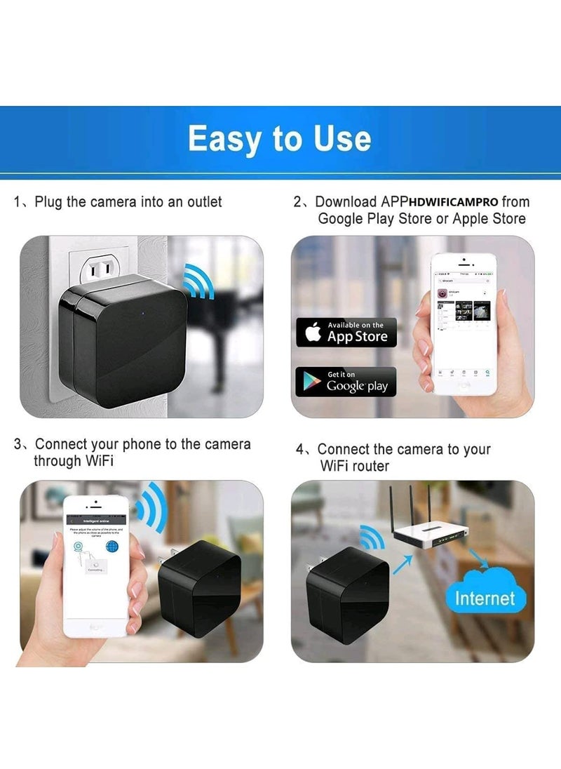 DDLC 1080P USB Charger Camera Series 1 WiFi HD Live Streaming Video Camcorder with Motion Detection Pet Nanny Cam USB AC Wall Plug Adapter for Phone Remote View with Night Vision Big Charger