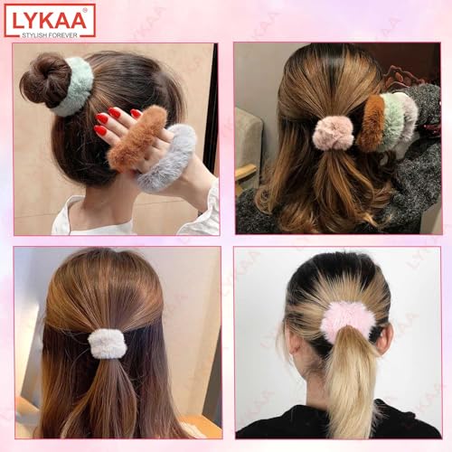LYKAA 10 Pcs Fancy Stylish Spongy Hair Rubber Bands Thick or Thin Hair Scrunchie Elastic Ponytail Holder Fluffy Faux Artificial Rope Fur Hair Ties for Women Anti (Multicolor) Set of 10 - Image 5