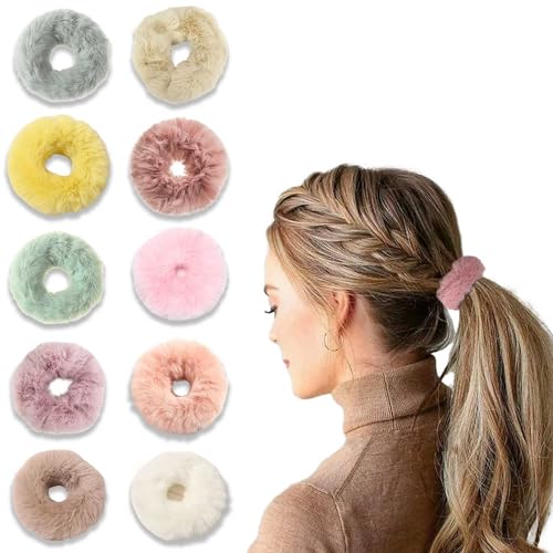 LYKAA 10 Pcs Fancy Stylish Spongy Hair Rubber Bands Thick or Thin Hair Scrunchie Elastic Ponytail Holder Fluffy Faux Artificial Rope Fur Hair Ties for Women Anti (Multicolor) Set of 10 - Image 1