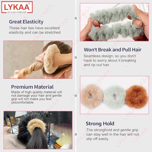 LYKAA 10 Pcs Fancy Stylish Spongy Hair Rubber Bands Thick or Thin Hair Scrunchie Elastic Ponytail Holder Fluffy Faux Artificial Rope Fur Hair Ties for Women Anti (Multicolor) Set of 10 - Image 4
