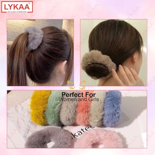 LYKAA 10 Pcs Fancy Stylish Spongy Hair Rubber Bands Thick or Thin Hair Scrunchie Elastic Ponytail Holder Fluffy Faux Artificial Rope Fur Hair Ties for Women Anti (Multicolor) Set of 10 - Image 3