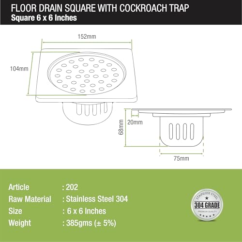 LIPKA Square Floor Drain with Cockroach Trap | 6 x 6 Inches Floor Drainer | 304-Grade Stainless Steel Floor Trap | Glossy Finish Drain Jali - Image 2