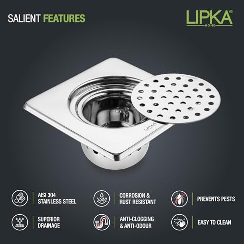 LIPKA Square Floor Drain with Cockroach Trap | 6 x 6 Inches Floor Drainer | 304-Grade Stainless Steel Floor Trap | Glossy Finish Drain Jali - Image 3