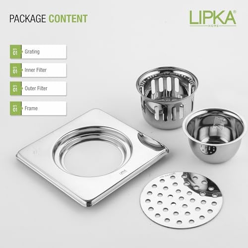 LIPKA Square Floor Drain with Cockroach Trap | 6 x 6 Inches Floor Drainer | 304-Grade Stainless Steel Floor Trap | Glossy Finish Drain Jali - Image 4
