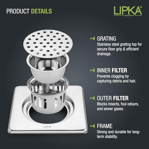 LIPKA Square Floor Drain with Cockroach Trap | 6 x 6 Inches Floor Drainer | 304-Grade Stainless Steel Floor Trap | Glossy Finish Drain Jali - Image 5