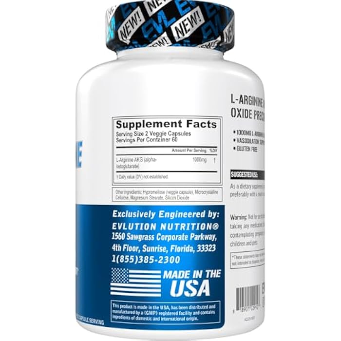 Evlution L-Arginine AKG - Vasodilation & Nutrient Delivery Support - Nitric Oxide Precursor - 1000mg L-Arginine AKG - Gluten Free & Non-GMO - Dietary Supplement - 60 Servings - 120 Veggie Capsules - Image 2