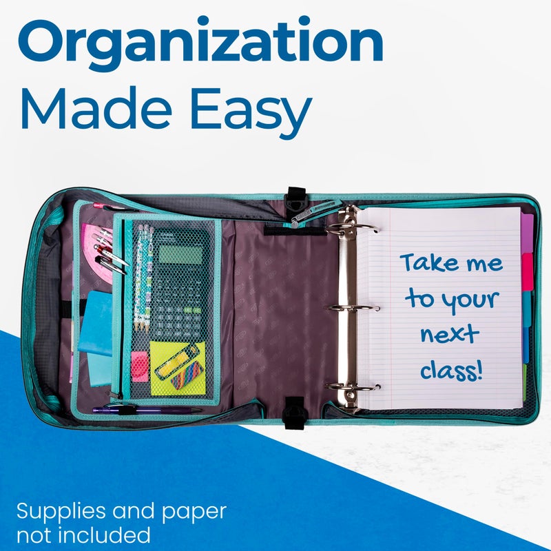 Case it Case-it Mighty Zip Tab School Zipper Binder | 3-Inch O-Rings, 600-Sheet Capacity, 5-Subject Expanding File Folder, Multiple Pockets & Storage Organizer, Shoulder Strap | D-146 Aqua Iridescent Pastel - Image 4