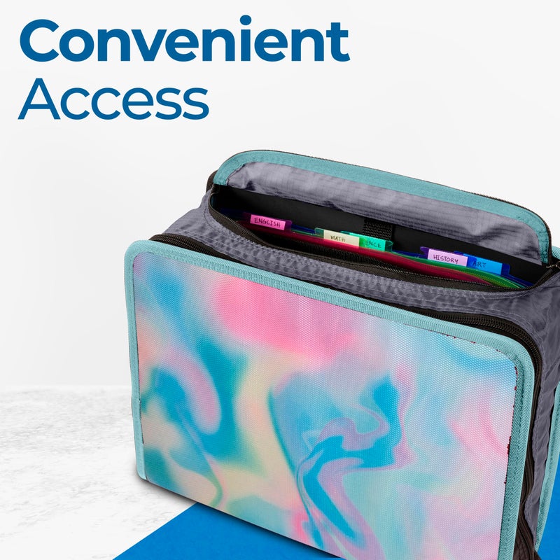 Case it Case-it Mighty Zip Tab School Zipper Binder | 3-Inch O-Rings, 600-Sheet Capacity, 5-Subject Expanding File Folder, Multiple Pockets & Storage Organizer, Shoulder Strap | D-146 Aqua Iridescent Pastel - Image 3