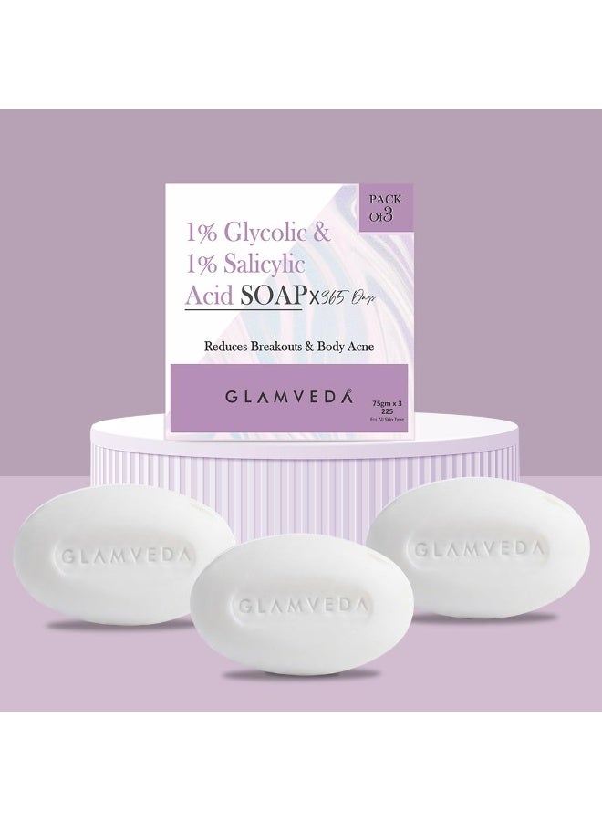 Glamveda Anti Acne 1% Glycolic Acid & 1% Salicylic Acid Soap | Reduces Dark Spots, Acne Scars & Hyperpigmentation - 75gm Pack of 3 - Image 1
