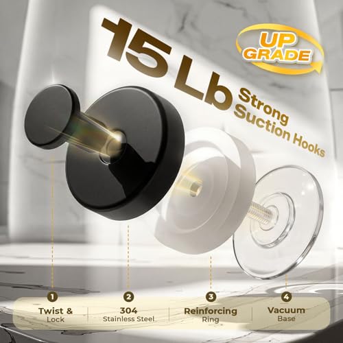 LOOHOI Upgraded Suction Cup Hooks for Shower, Heavy Duty Removable Towel Hooks for Bathroom Glass Door Wall, Stainless Steel Shower Hooks for Towel & Loofah (4 Pack, Black) - Image 2
