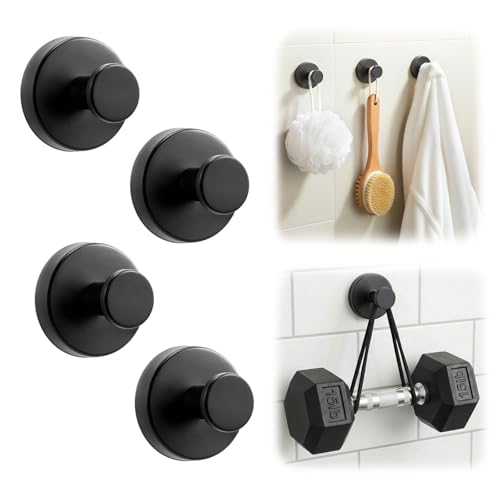 LOOHOI Upgraded Suction Cup Hooks for Shower, Heavy Duty Removable Towel Hooks for Bathroom Glass Door Wall, Stainless Steel Shower Hooks for Towel & Loofah (4 Pack, Black) - Image 1