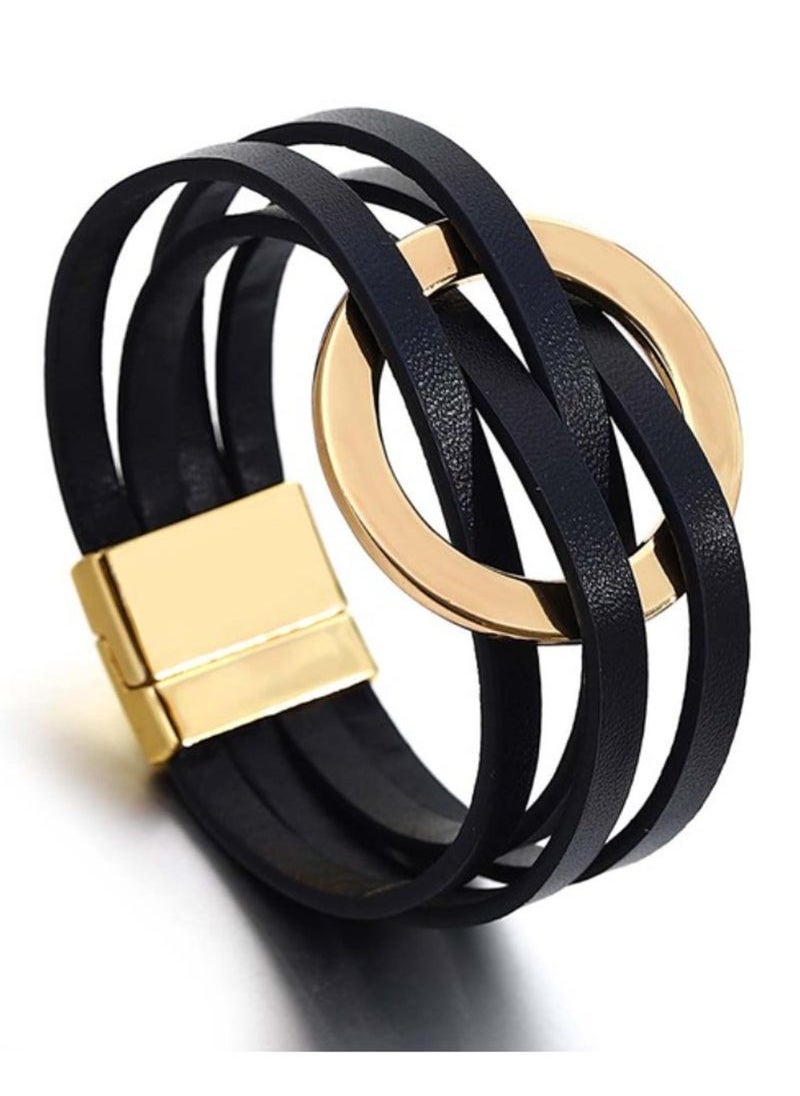 Captaintech Bracelets for Women, Circle Charm Bangle Bracelets, Boho Jewelry Multilayer Stackable Bracelets, Leather Wrap Bracelets Gifts for Trendy Stuff Valentine's Day Gifts (Black)  - Image 1