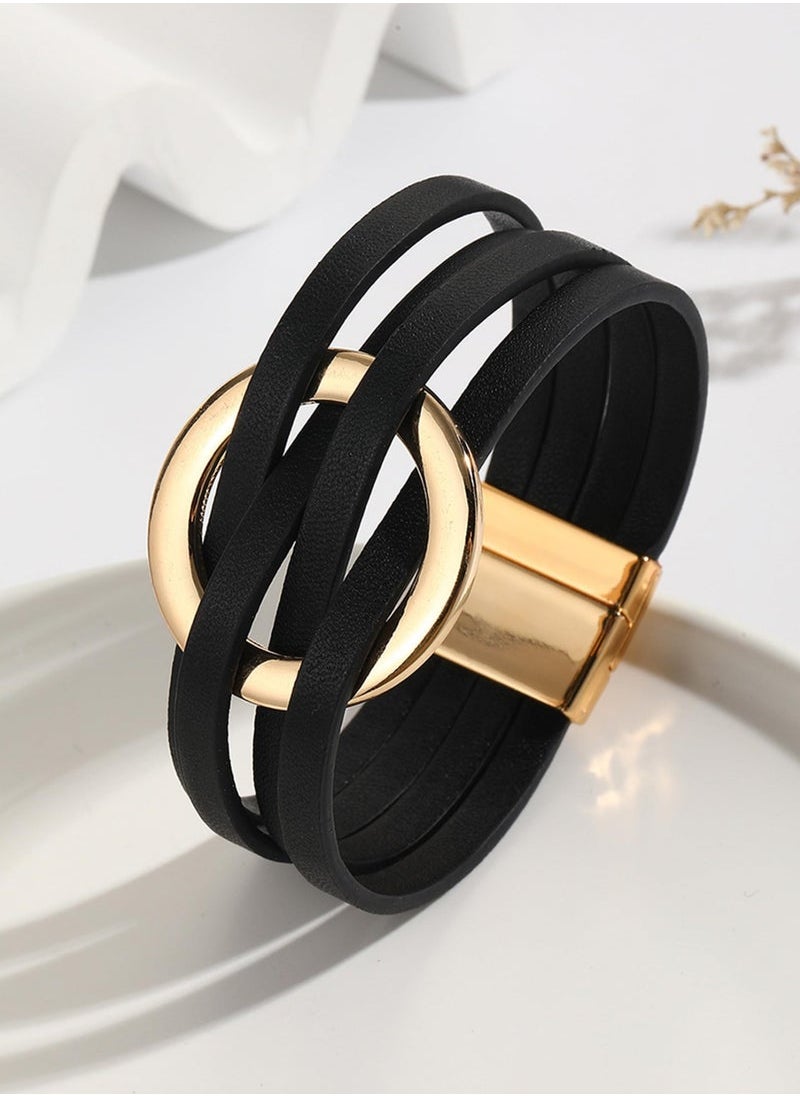 Captaintech Bracelets for Women, Circle Charm Bangle Bracelets, Boho Jewelry Multilayer Stackable Bracelets, Leather Wrap Bracelets Gifts for Trendy Stuff Valentine's Day Gifts (Black)  - Image 2